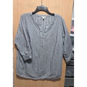 Talbots Plus Size 2X‎ Ladies Black White Gingham Check 3/4 Sleeve V Neck Top
